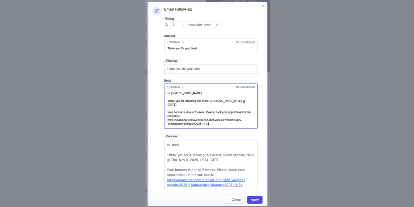 Koalendar scheduling software scheduling vaccine reminder emails